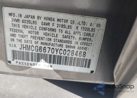 2000 Honda Accord 2.3 Ex from USA, damaged, VIN JHMCG6670YC028468